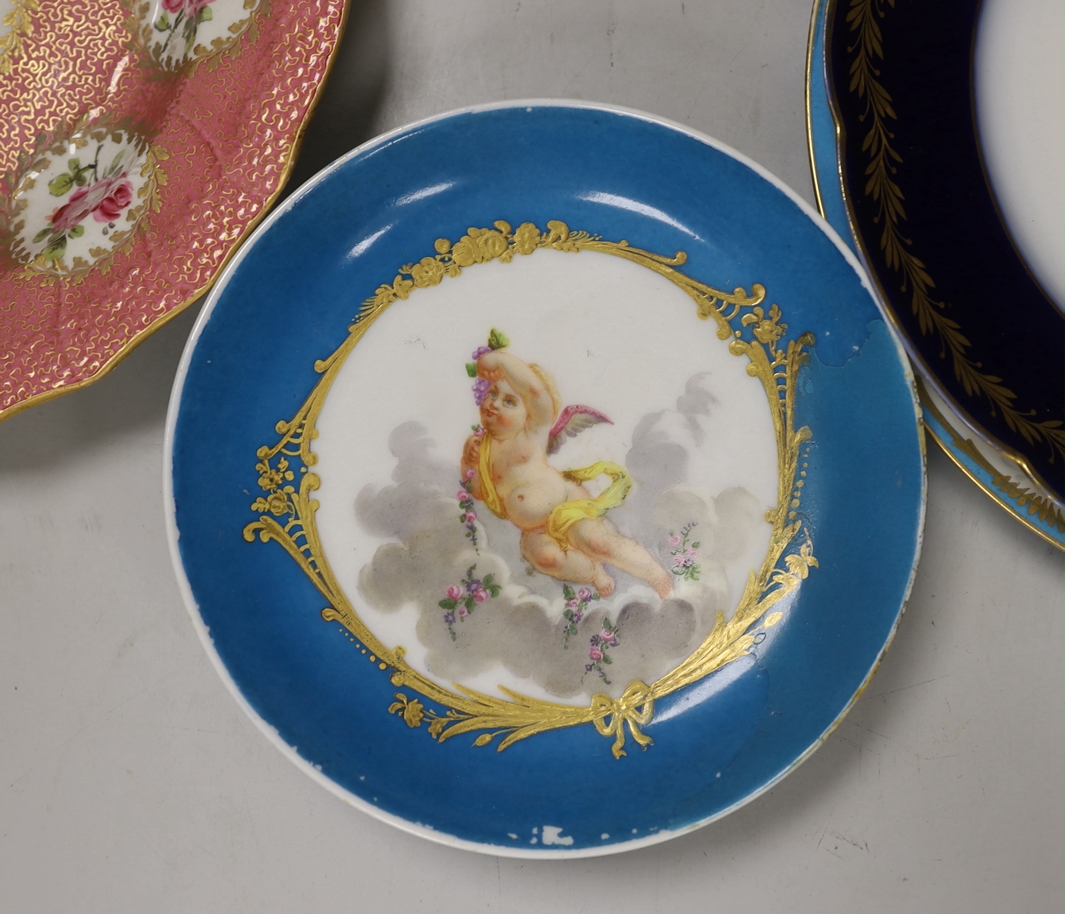 Five 19th century Sevres style porcelain plates or dishes, largest 24cm